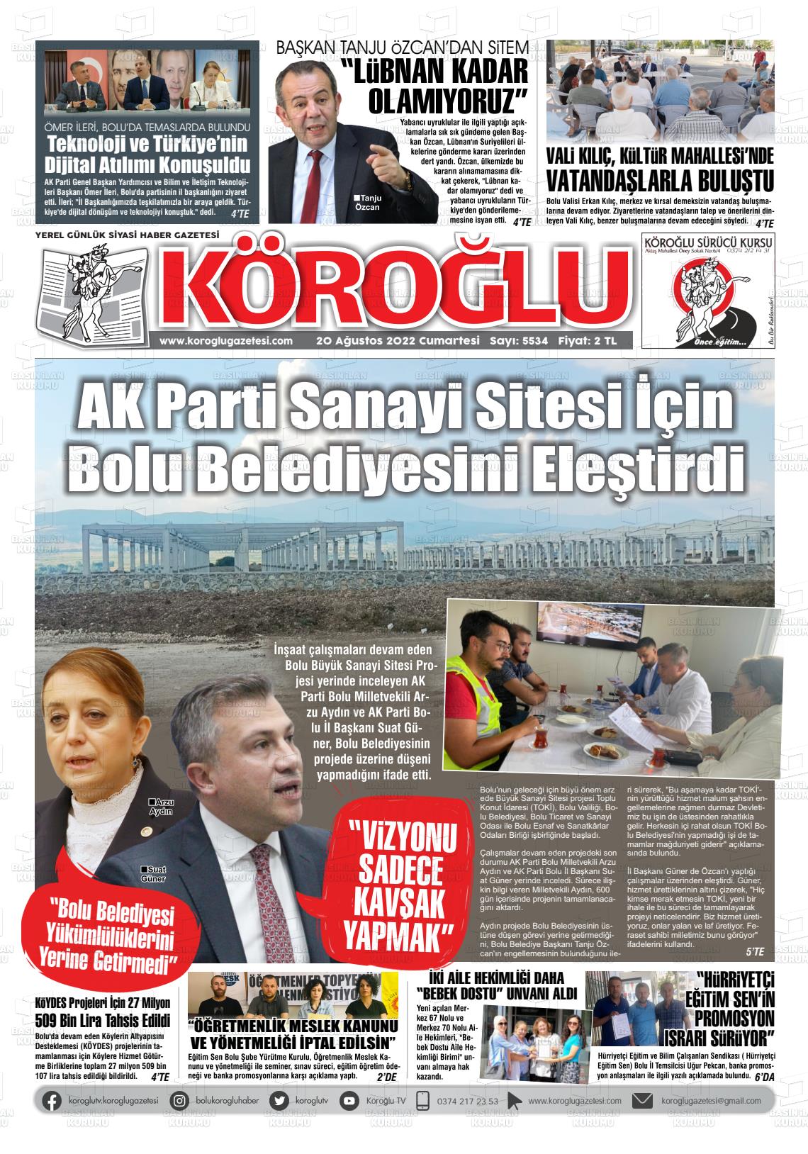 20 Ağustos 2022 Köroğlu Gazete Manşeti