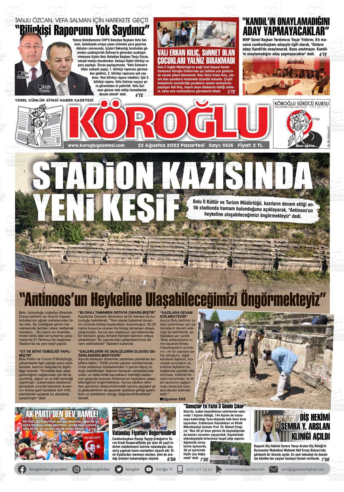 22 Ağustos 2022 Köroğlu Gazete Manşeti