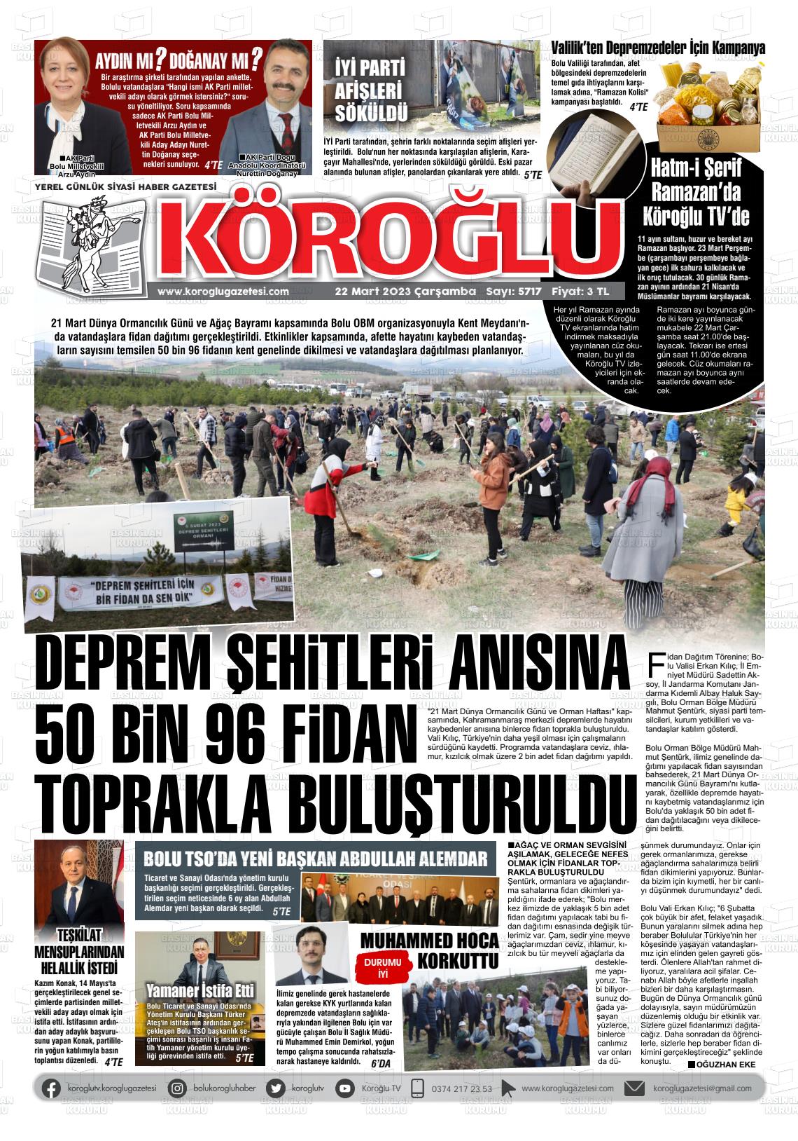 22 Mart 2023 Köroğlu Gazete Manşeti