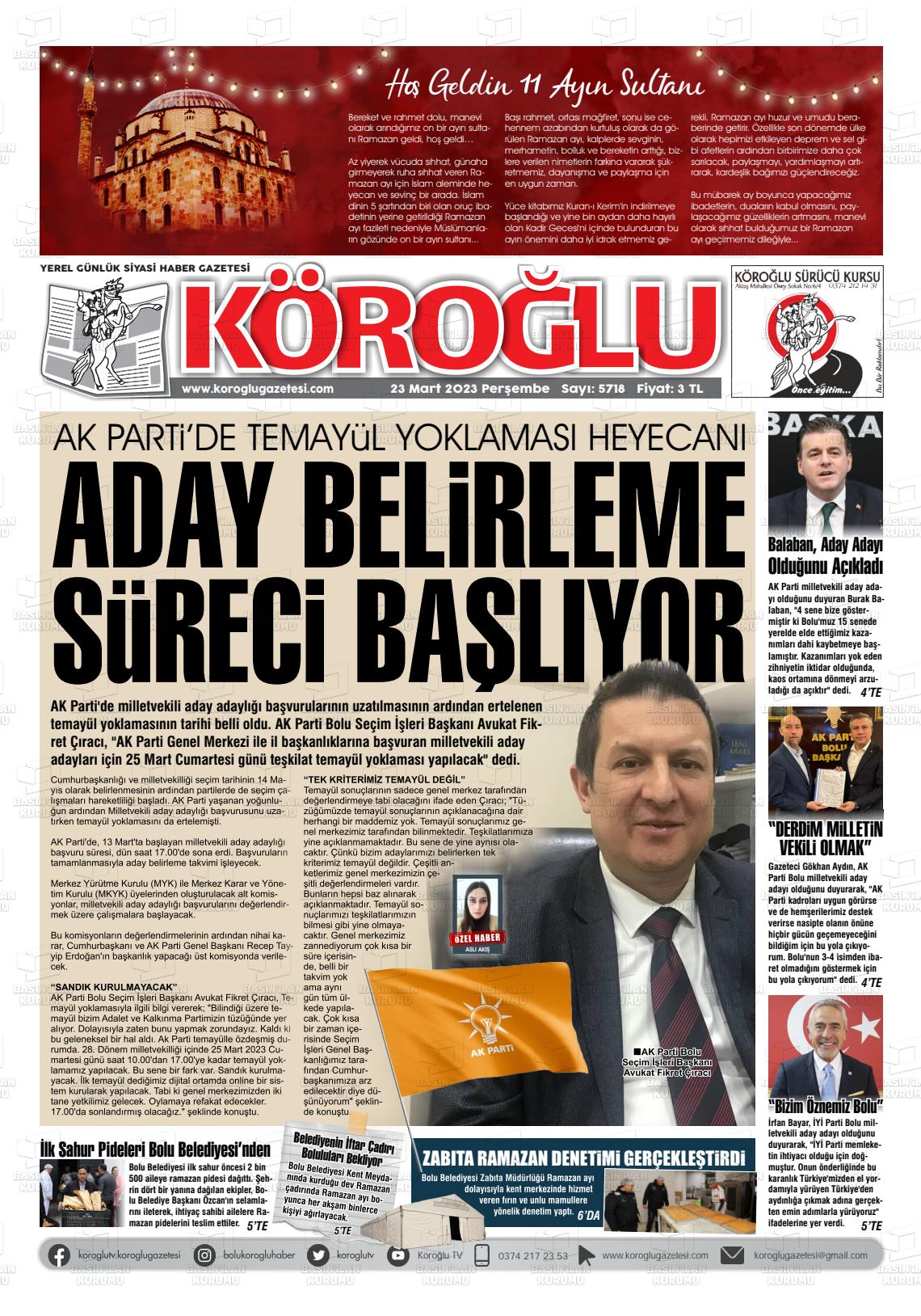 23 Mart 2023 Köroğlu Gazete Manşeti