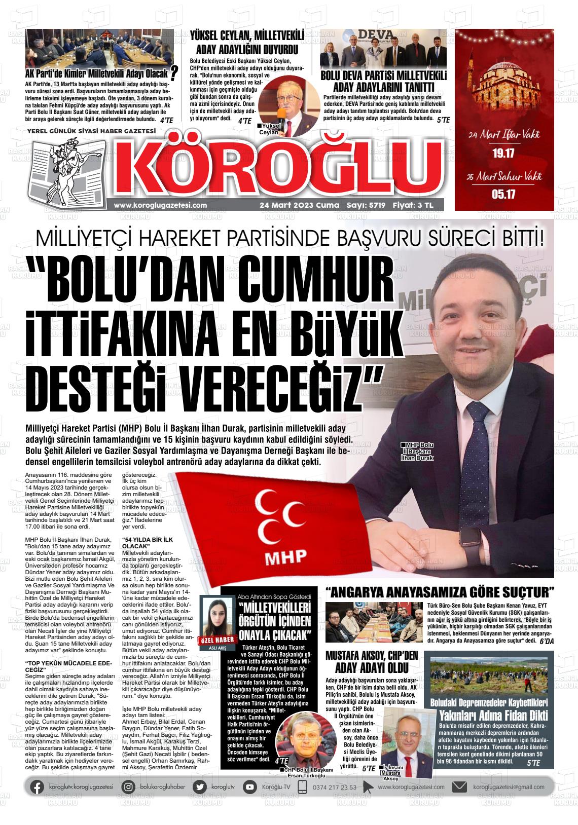 24 Mart 2023 Köroğlu Gazete Manşeti
