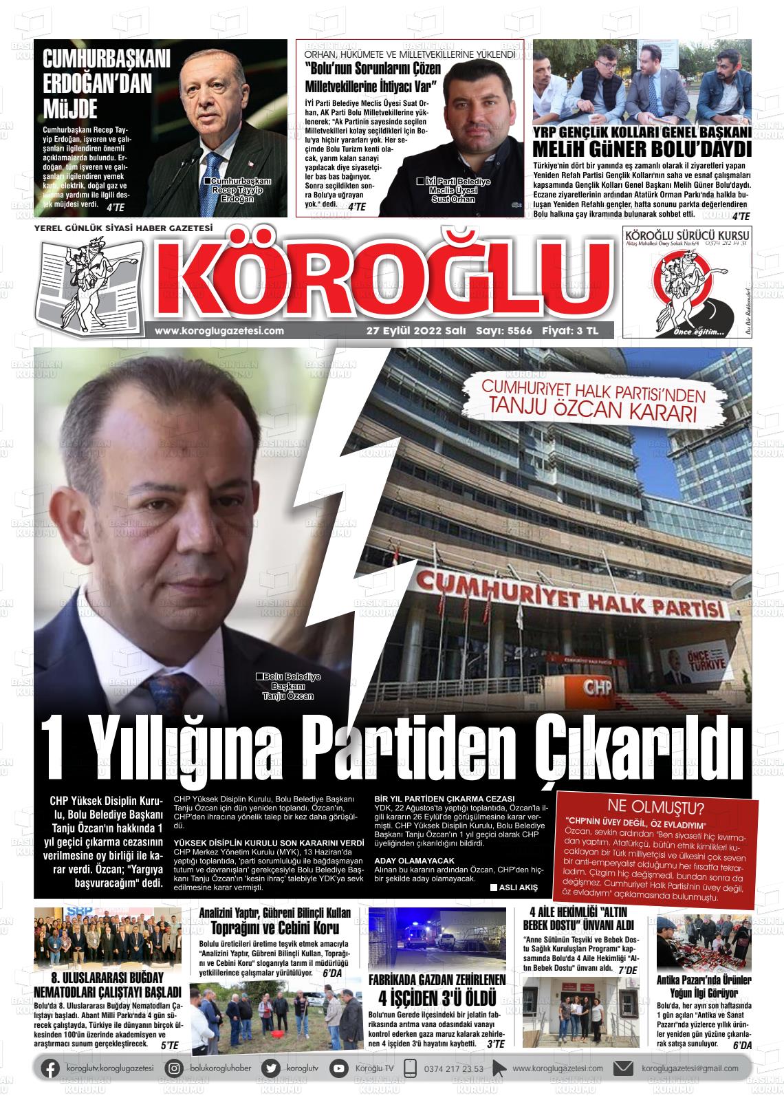 27 Eylül 2022 Köroğlu Gazete Manşeti