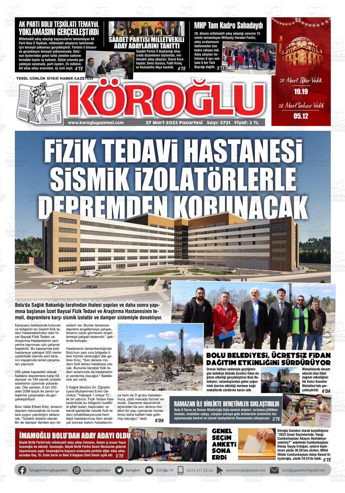 27 Mart 2023 Köroğlu Gazete Manşeti