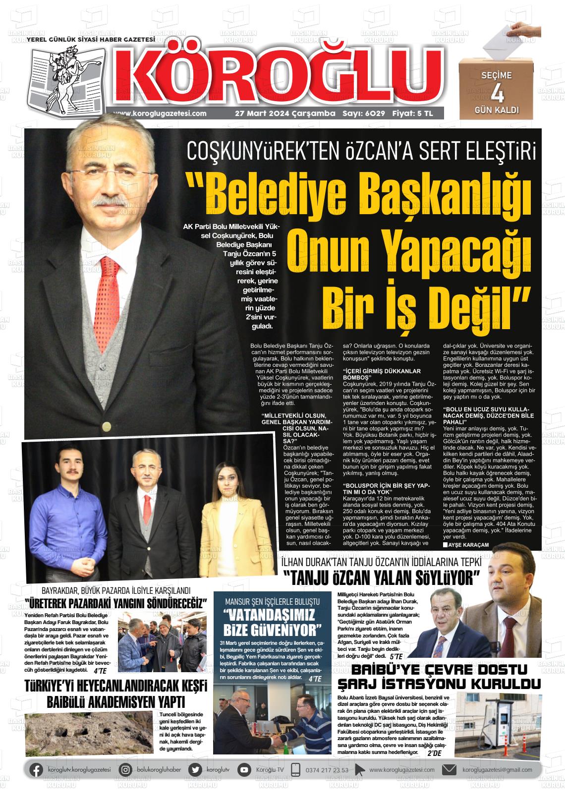 27 Mart 2024 Köroğlu Gazete Manşeti