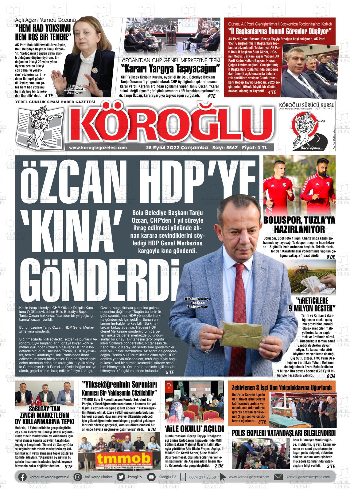 28 Eylül 2022 Köroğlu Gazete Manşeti