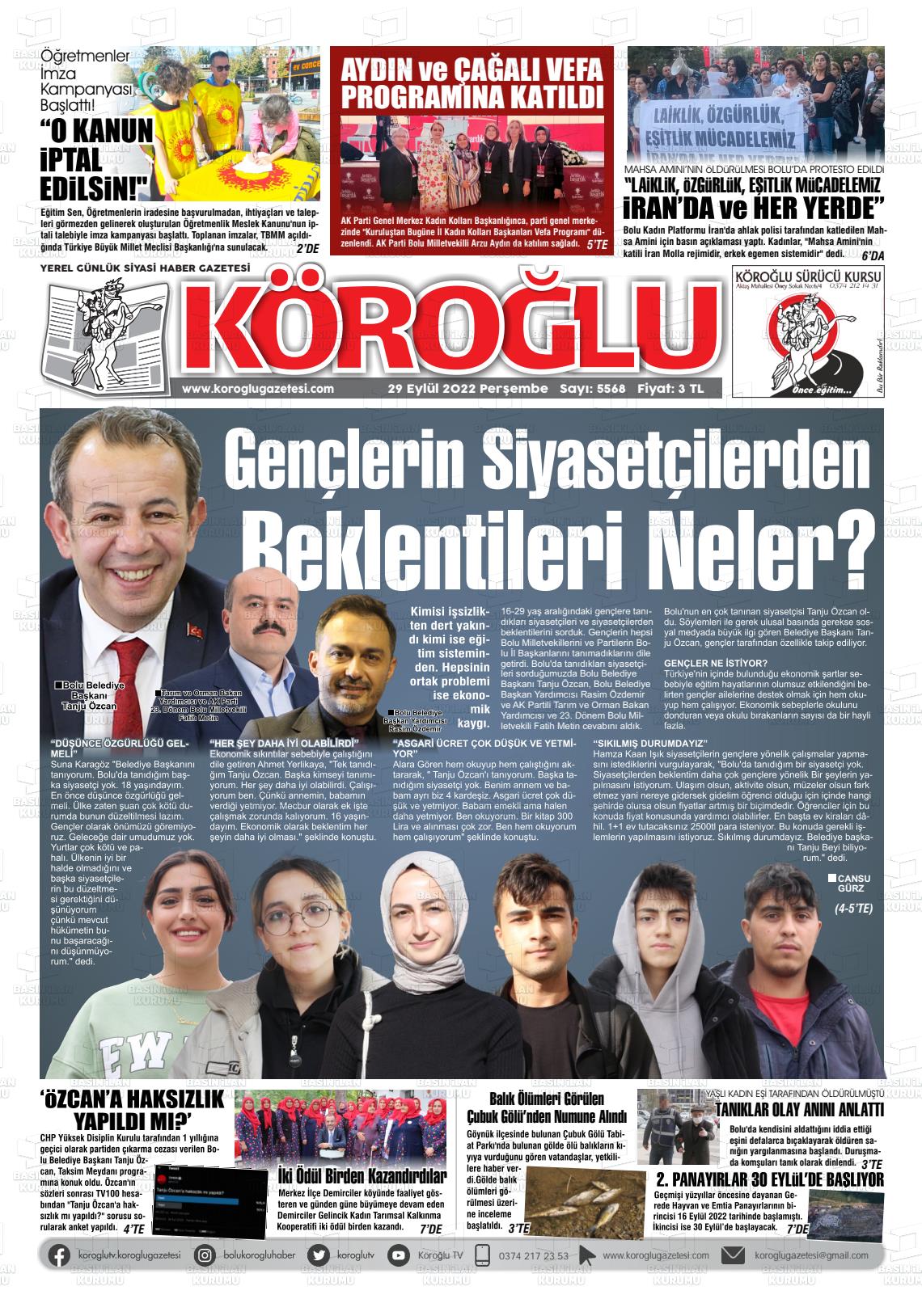 29 Eylül 2022 Köroğlu Gazete Manşeti