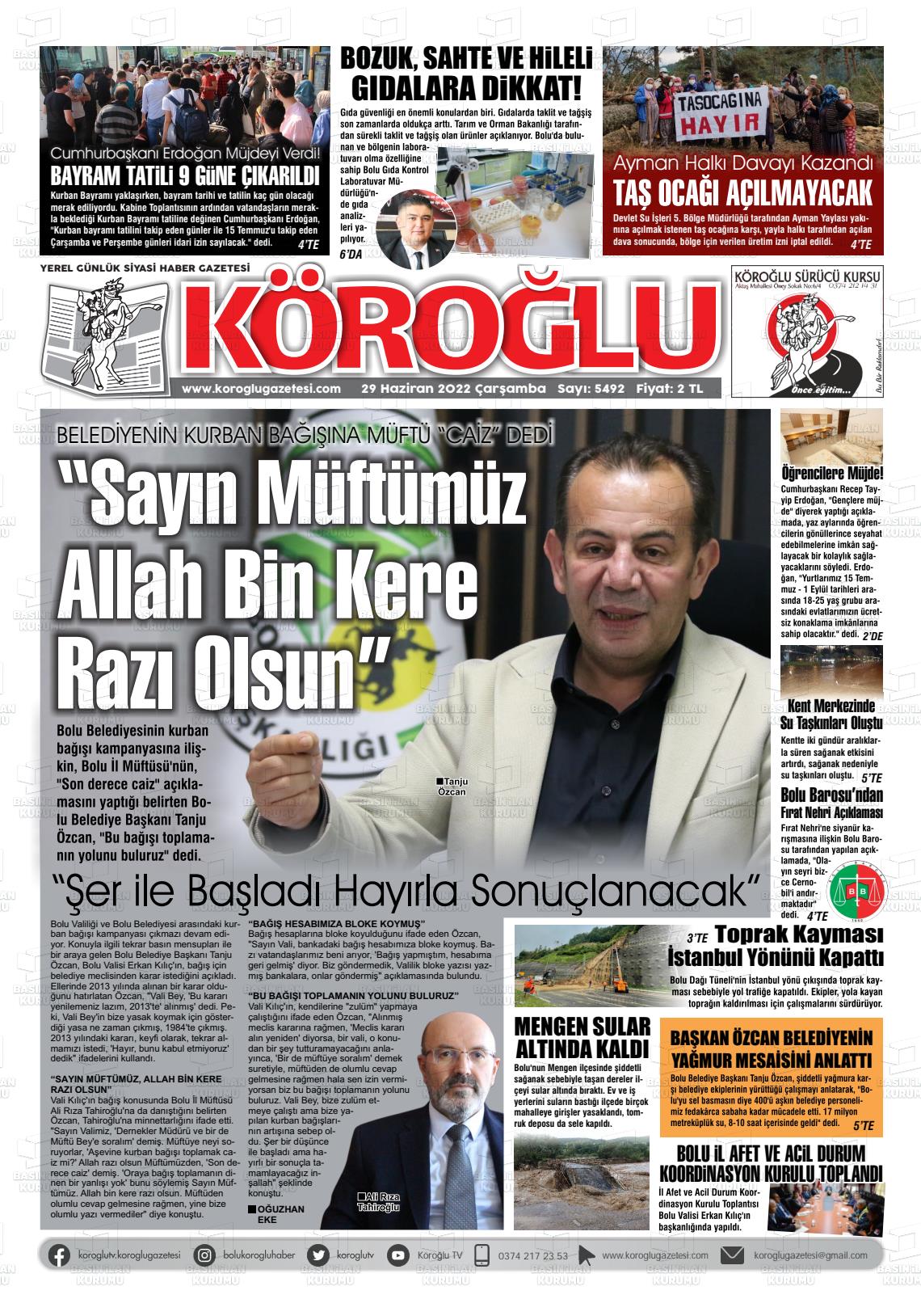 29 Haziran 2022 Köroğlu Gazete Manşeti