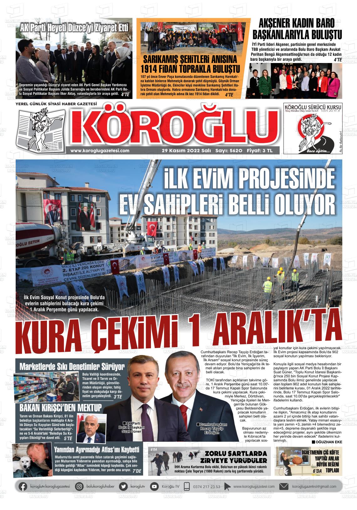29 Kasım 2022 Köroğlu Gazete Manşeti