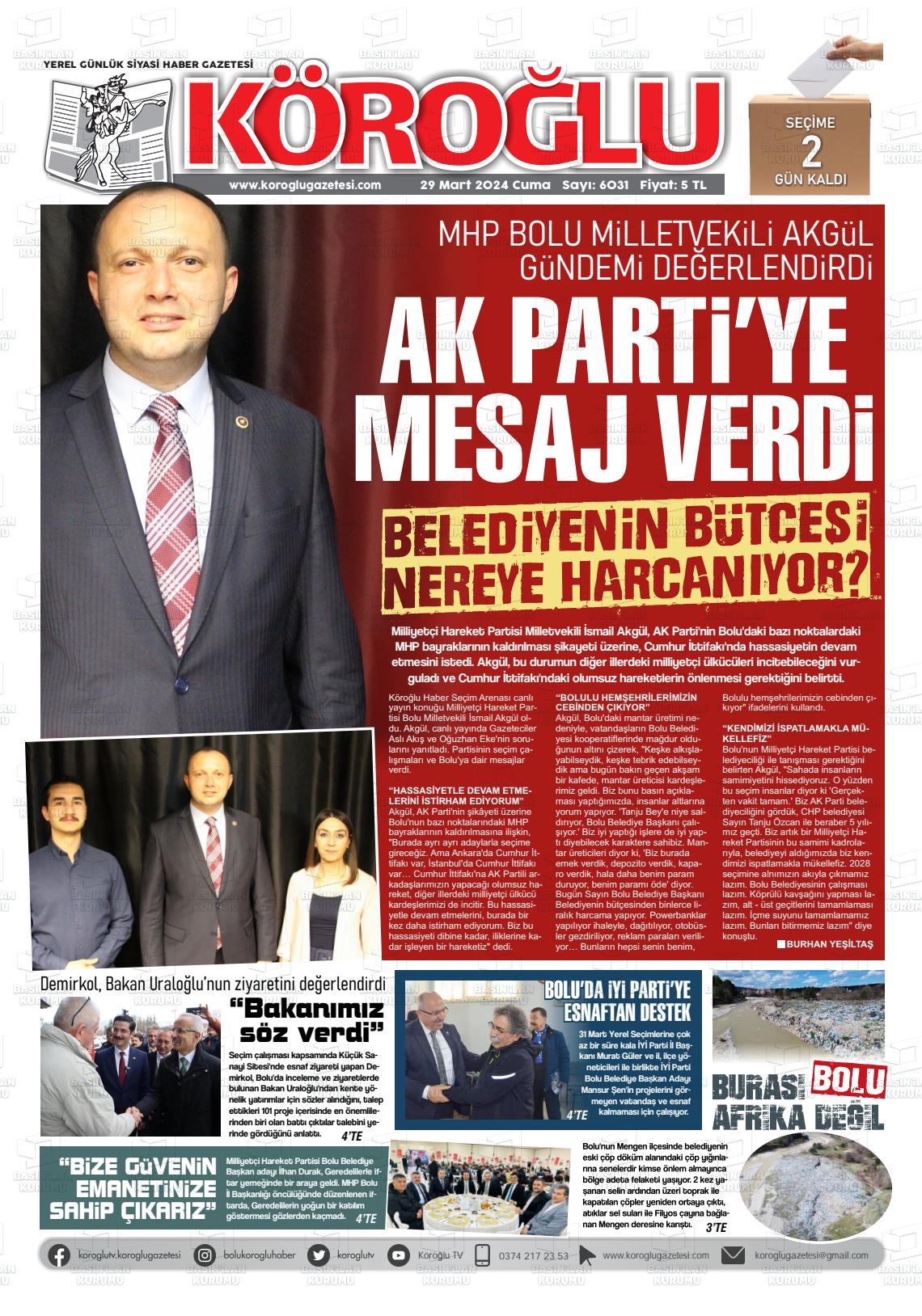 29 Mart 2024 Köroğlu Gazete Manşeti