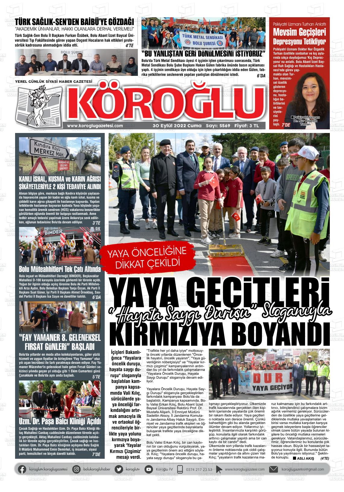 30 Eylül 2022 Köroğlu Gazete Manşeti