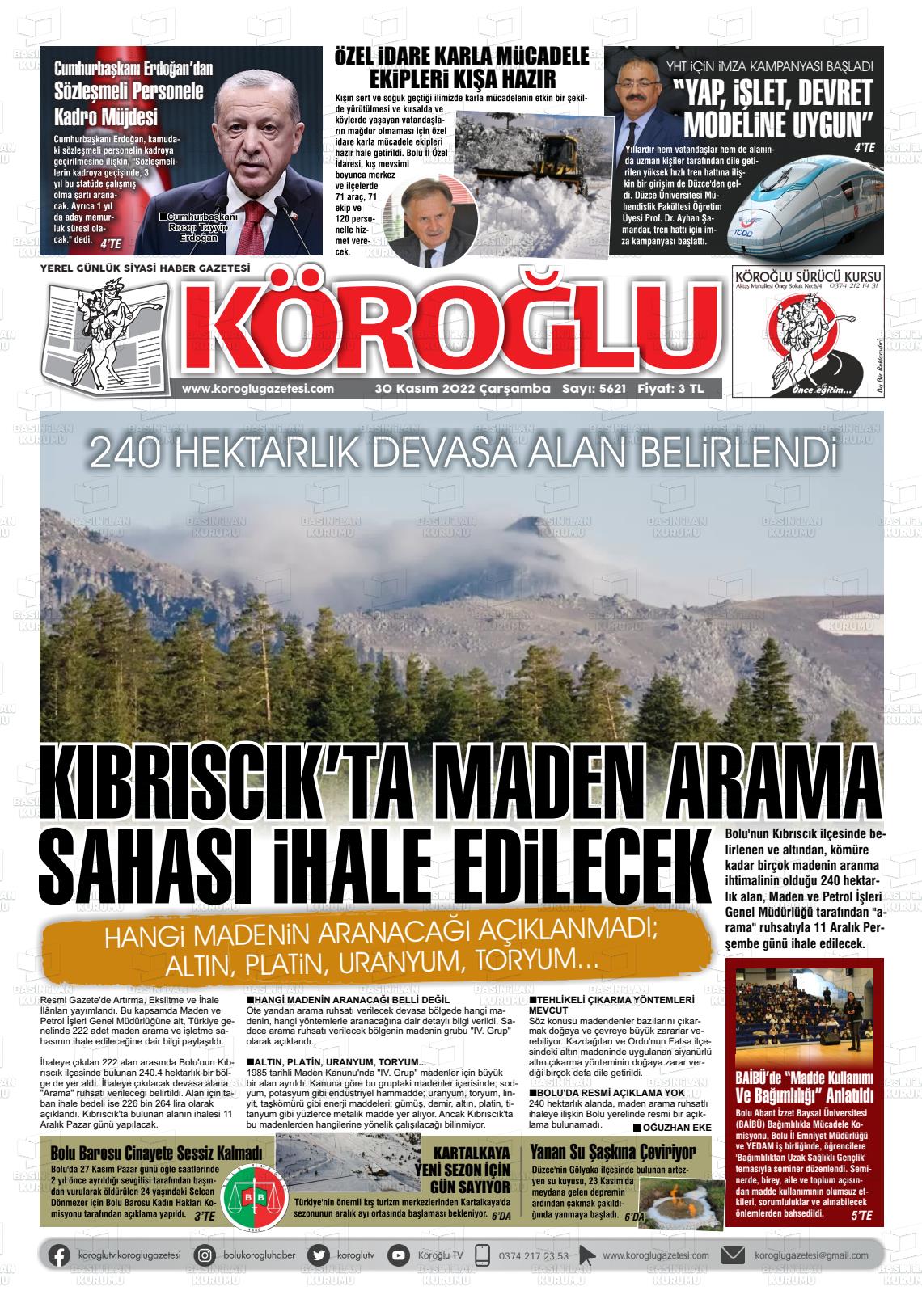 30 Kasım 2022 Köroğlu Gazete Manşeti