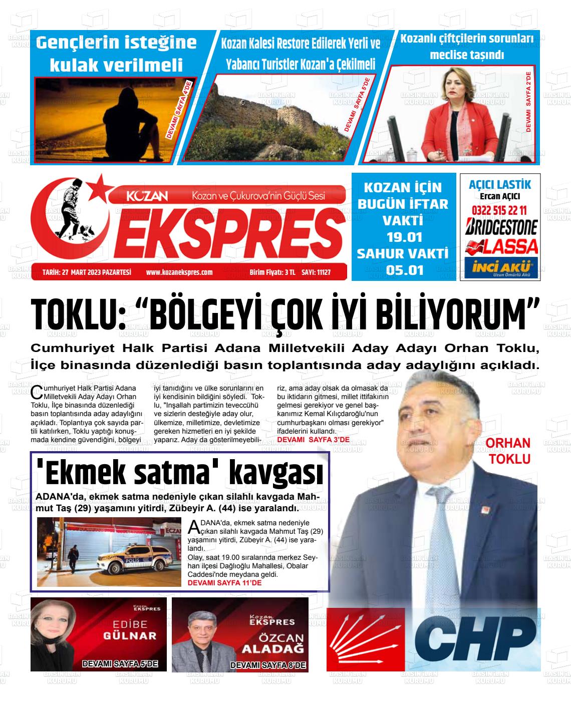 27 Mart 2023 Kozan Ekspres Gazete Manşeti