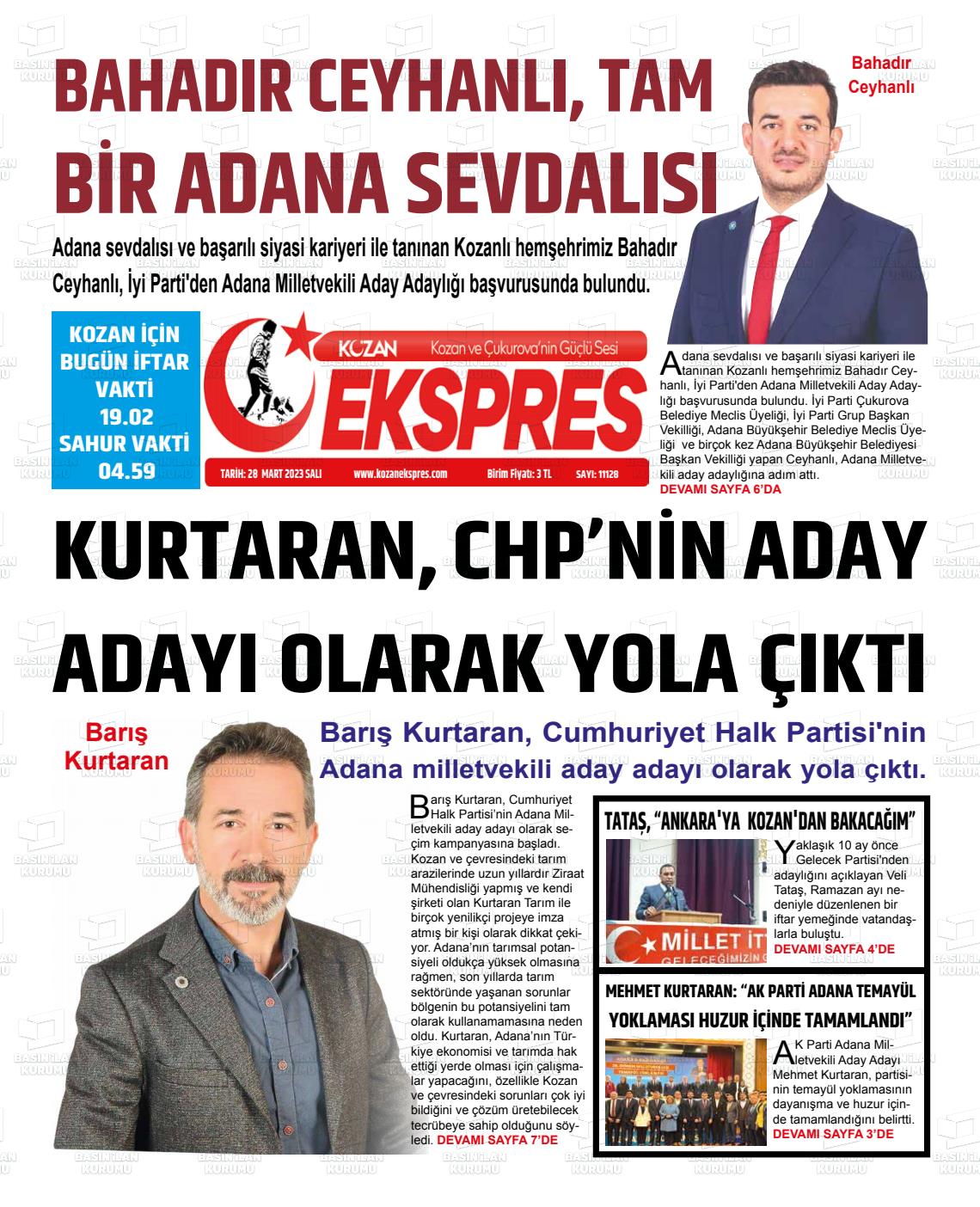 28 Mart 2023 Kozan Ekspres Gazete Manşeti