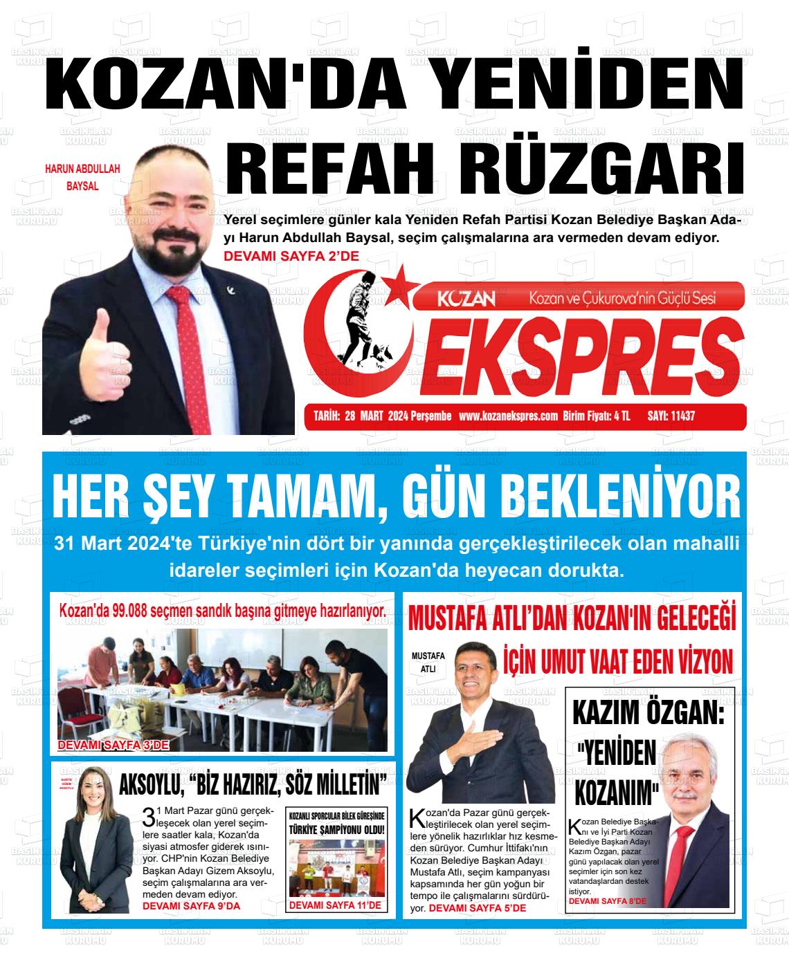 28 Mart 2024 Kozan Ekspres Gazete Manşeti