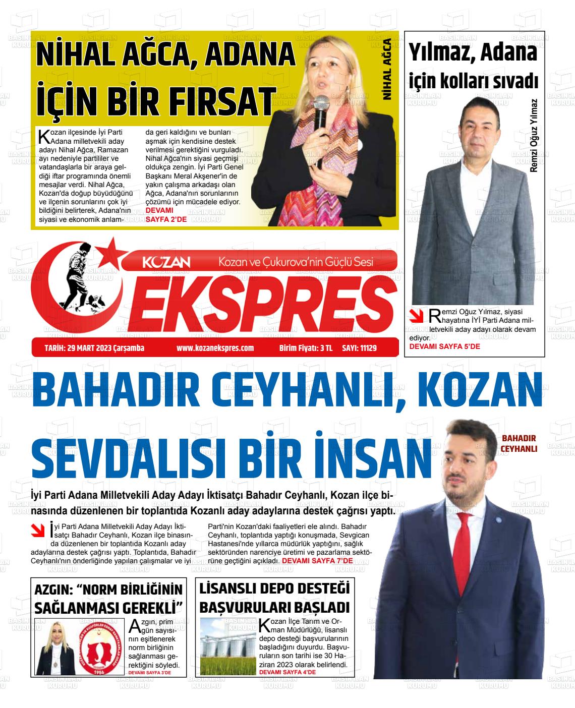 29 Mart 2023 Kozan Ekspres Gazete Manşeti