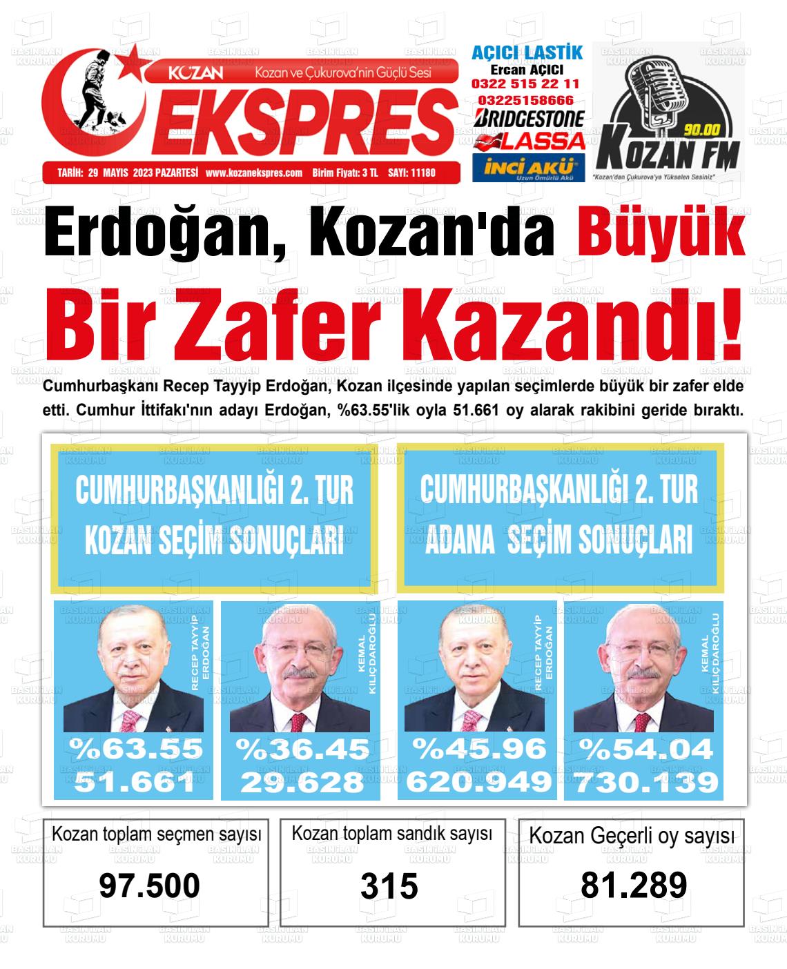 29 Mayıs 2023 Kozan Ekspres Gazete Manşeti