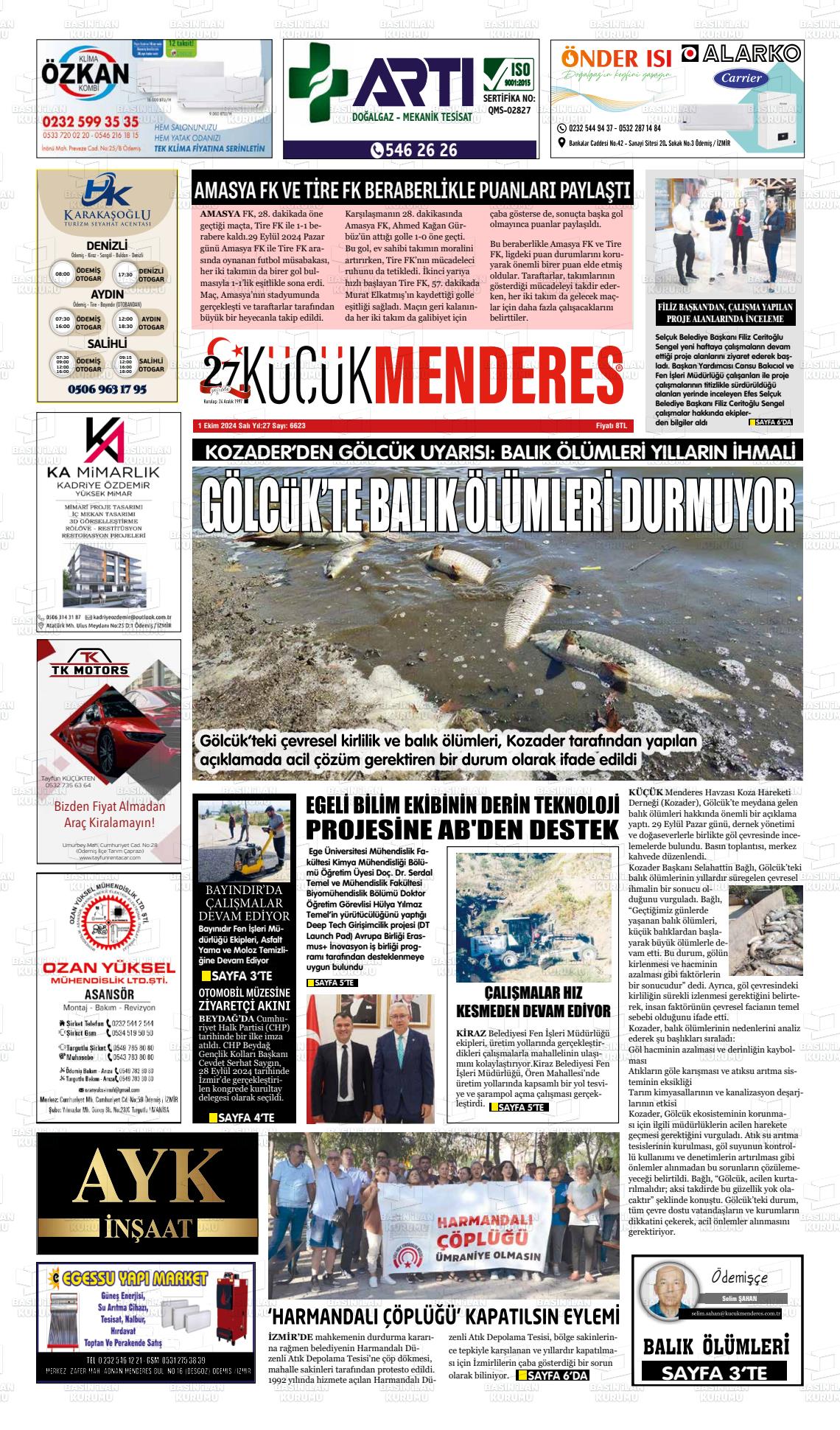 01 Ekim 2024 Küçük Menderes Gazete Manşeti