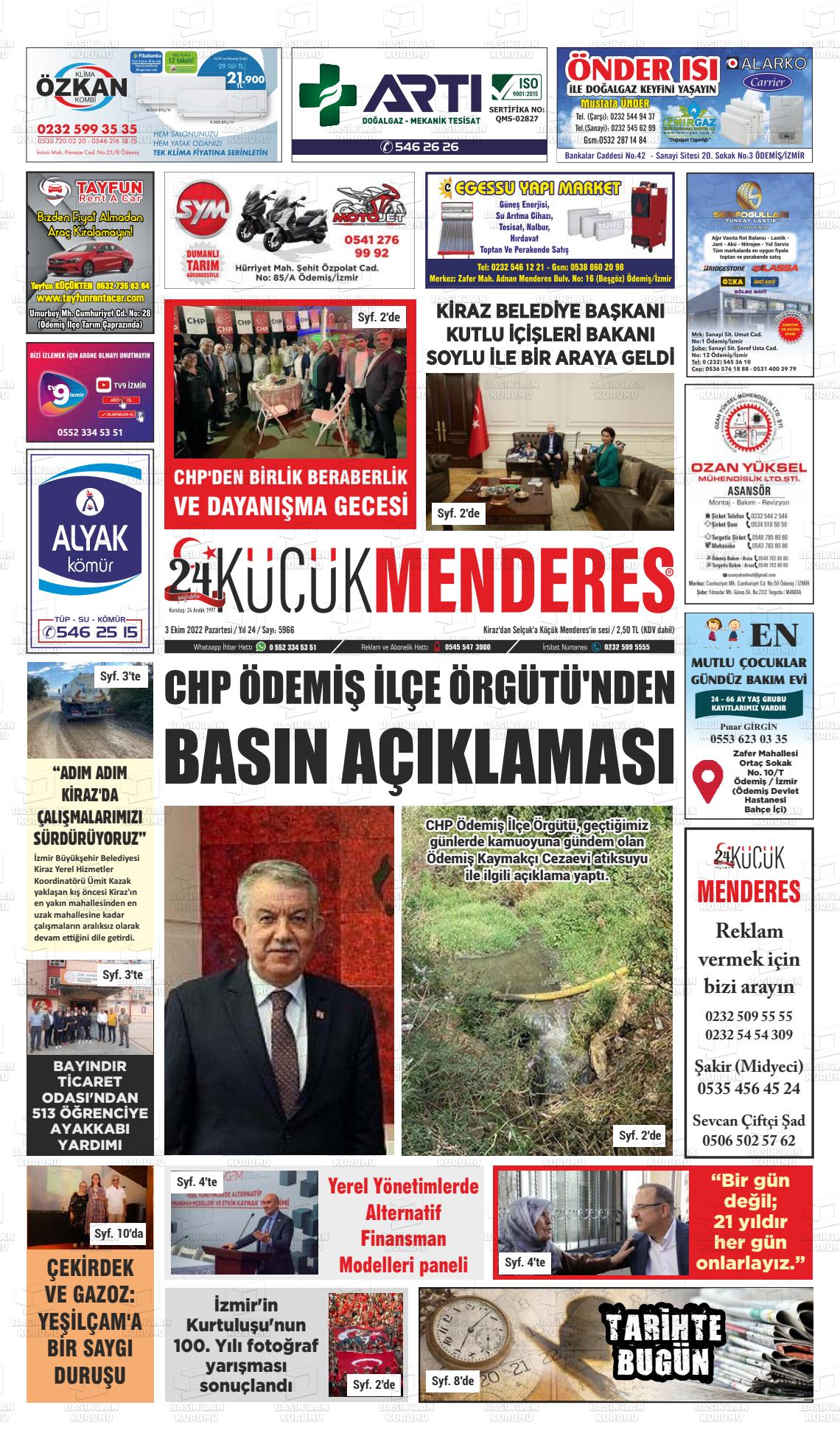 03 Ekim 2022 Küçük Menderes Gazete Manşeti