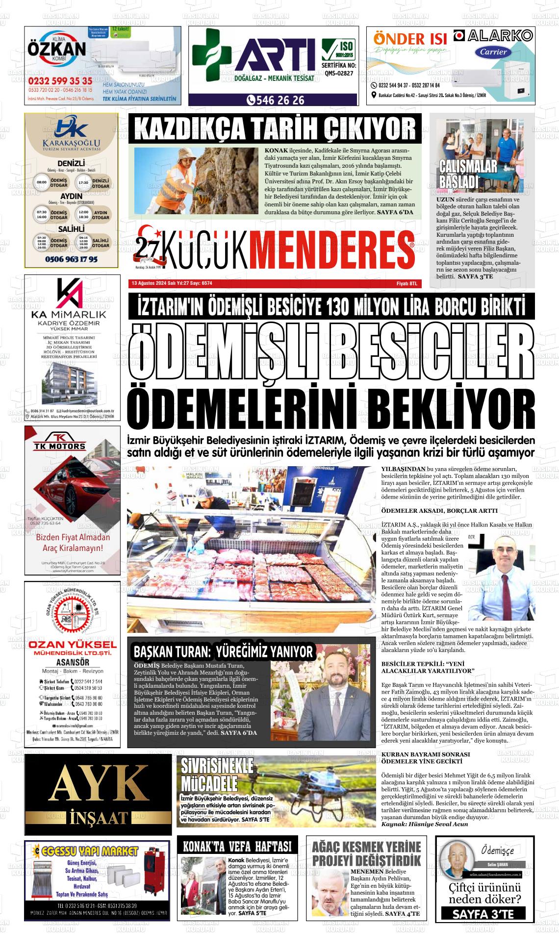 13 Ağustos 2024 Küçük Menderes Gazete Manşeti