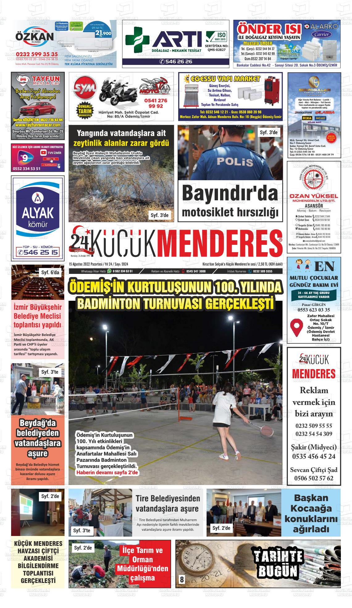 15 Ağustos 2022 Küçük Menderes Gazete Manşeti