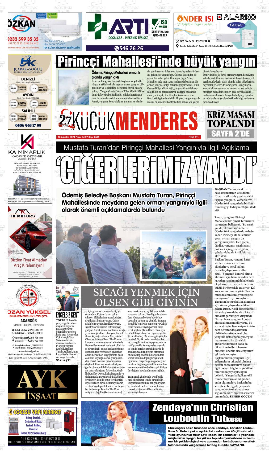 18 Ağustos 2024 Küçük Menderes Gazete Manşeti