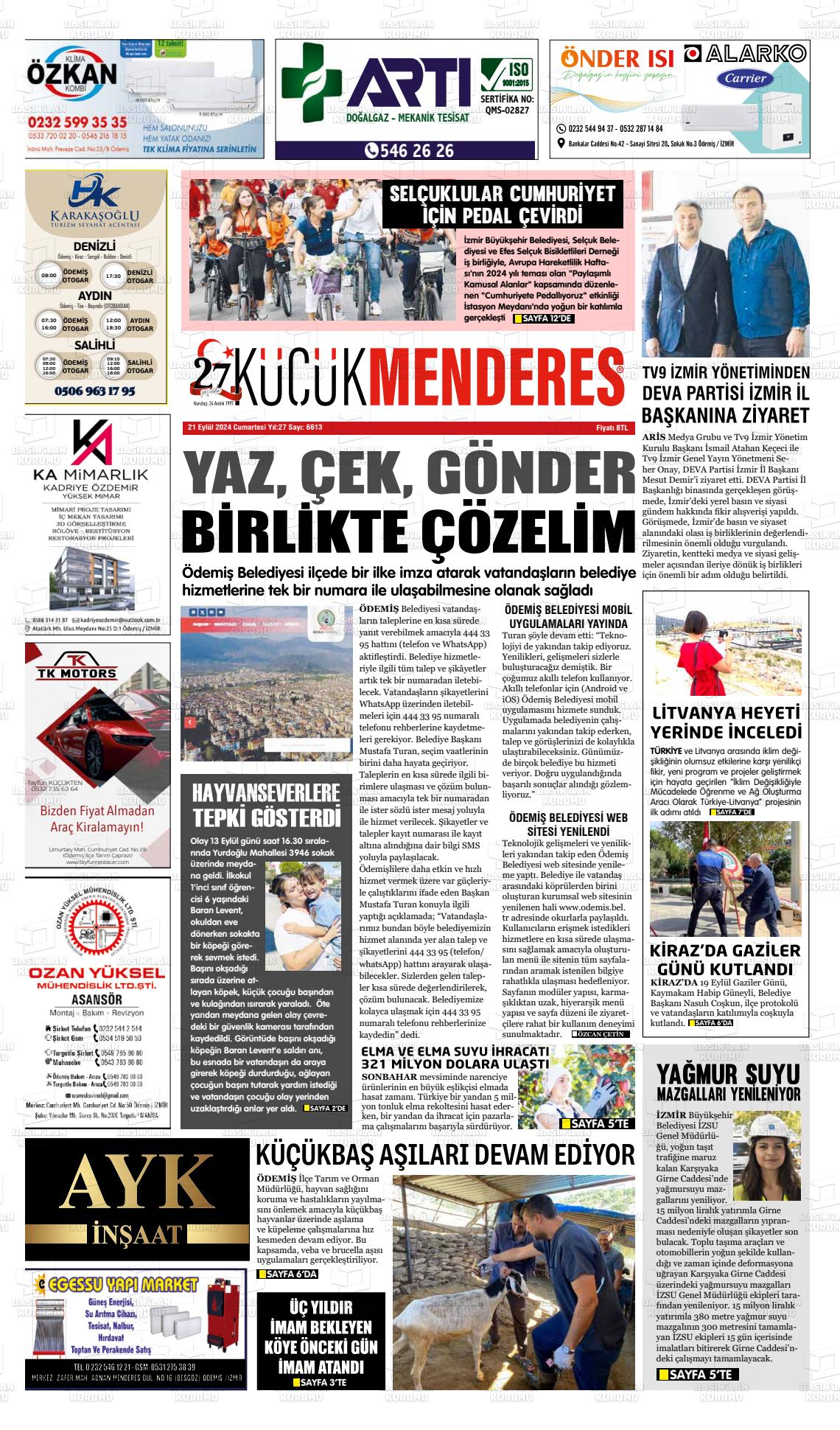 21 Eylül 2024 Küçük Menderes Gazete Manşeti
