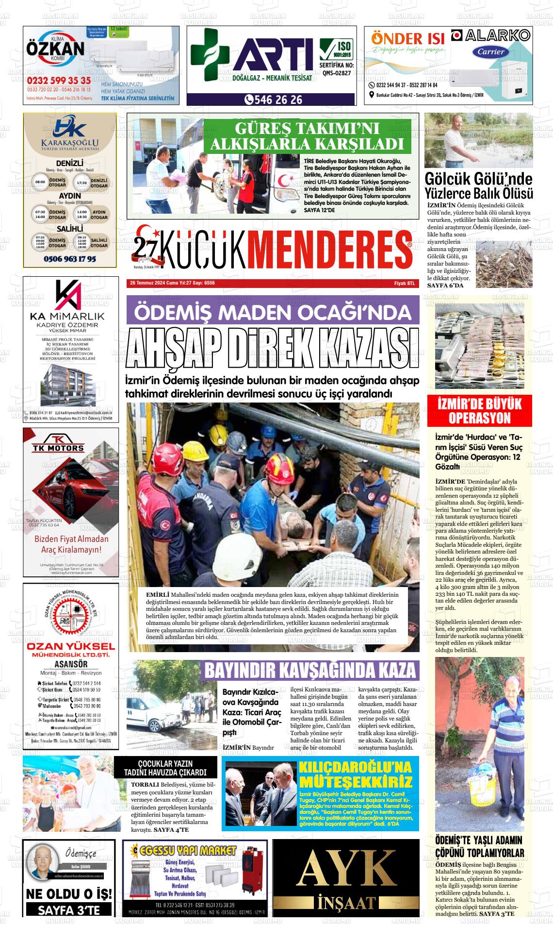 26 Temmuz 2024 Küçük Menderes Gazete Manşeti