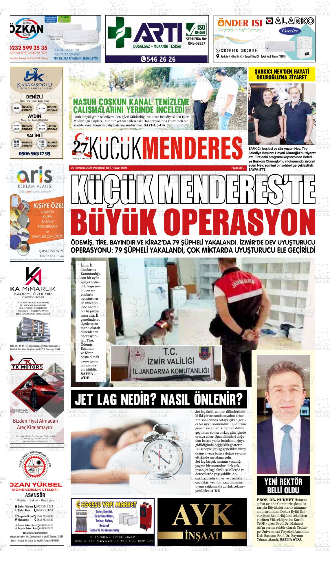 29 Temmuz 2024 Küçük Menderes Gazete Manşeti