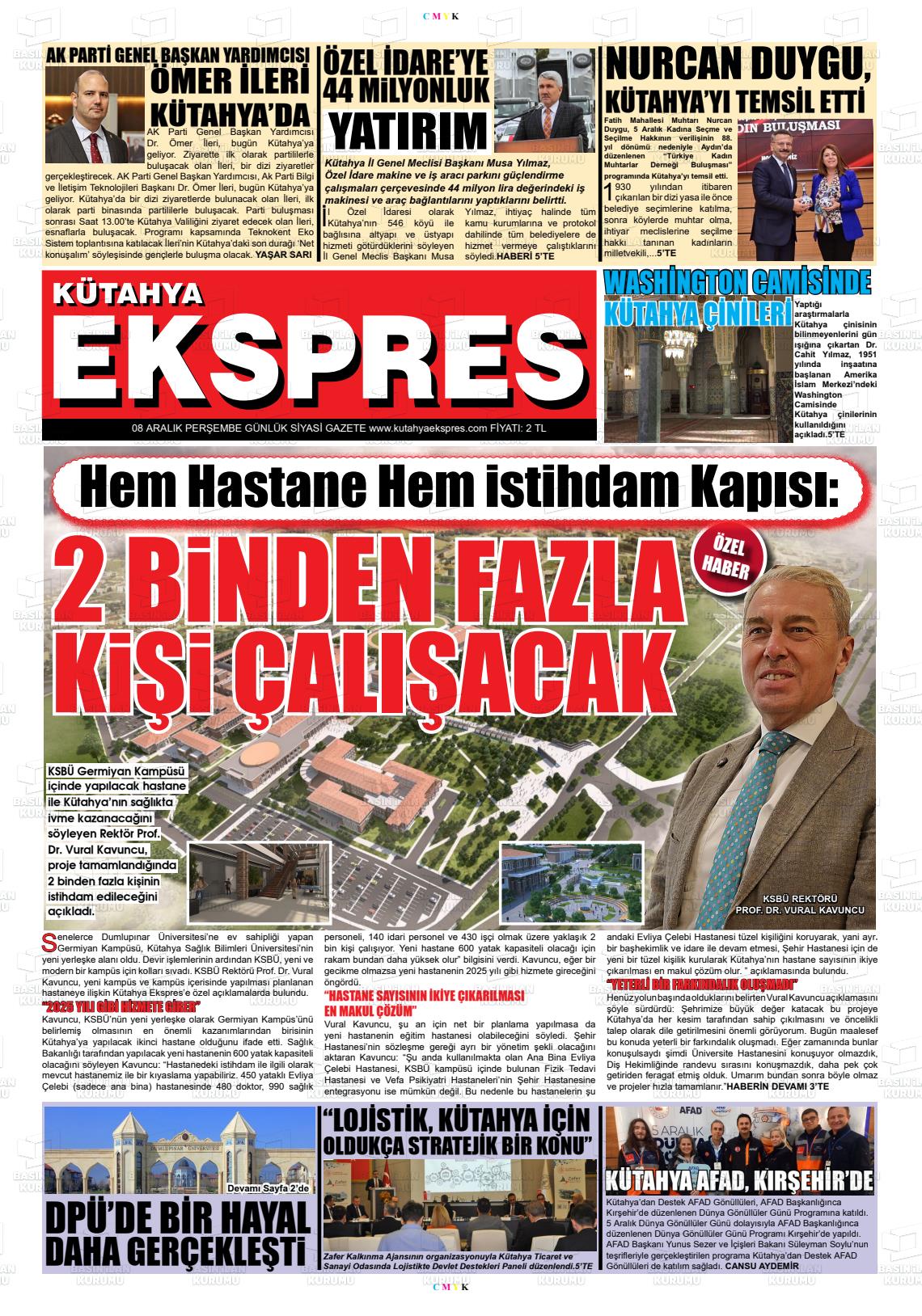 08 Aralık 2022 Kütahya Ekspres Gazete Manşeti