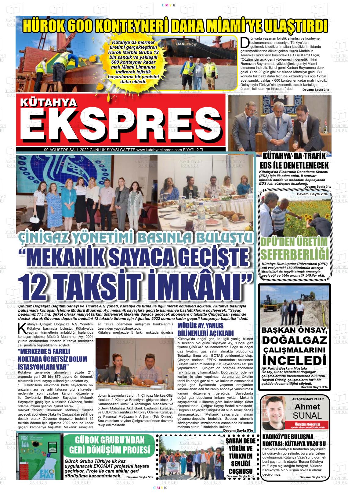 09 Ağustos 2022 Kütahya Ekspres Gazete Manşeti
