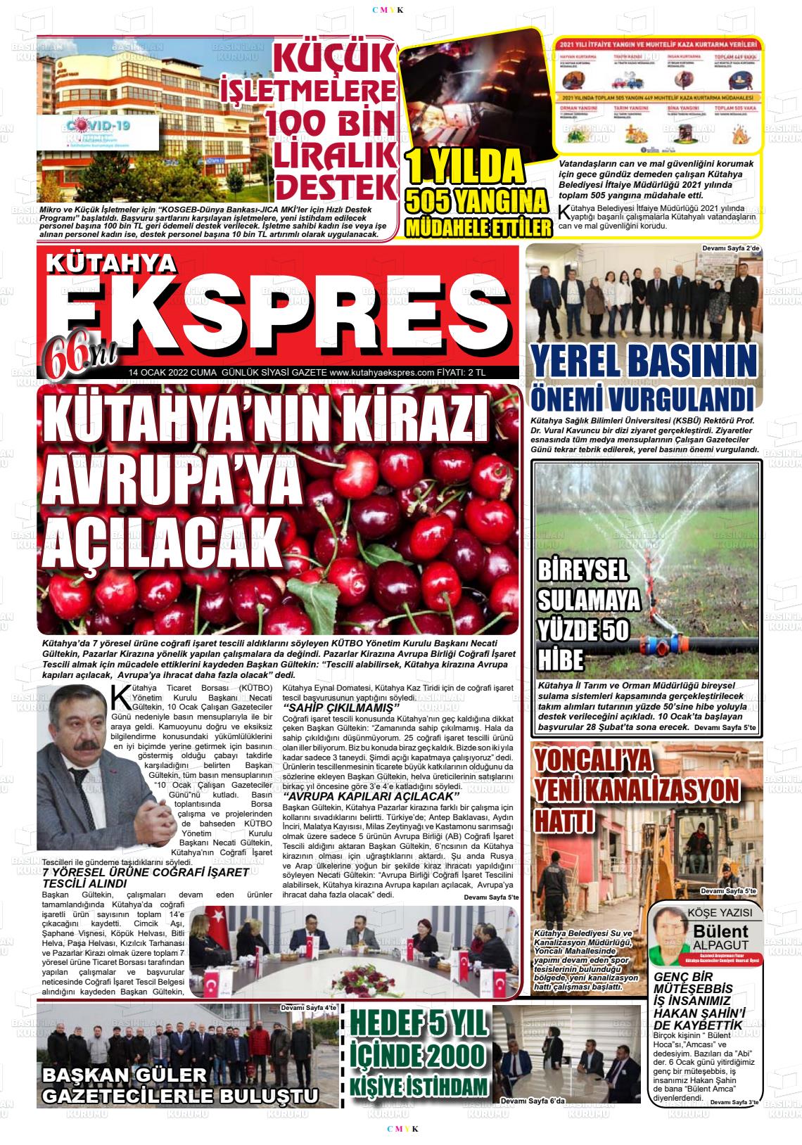 14 Ocak 2022 Kütahya Ekspres Gazete Manşeti