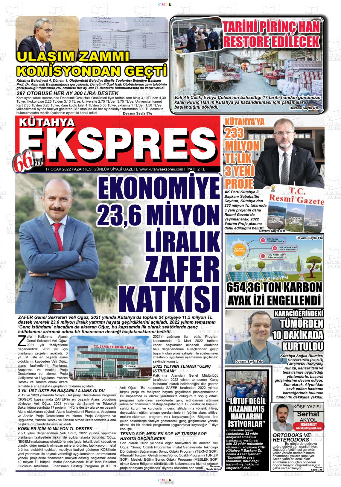 17 Ocak 2022 Kütahya Ekspres Gazete Manşeti