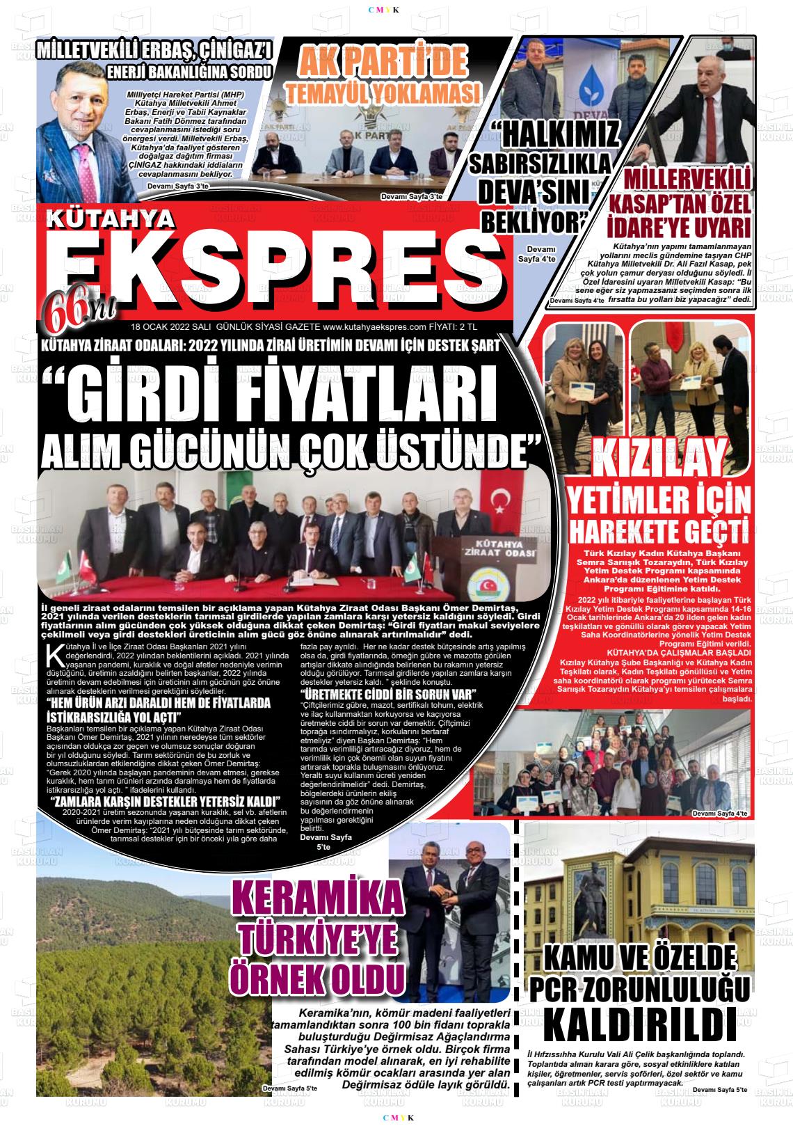 18 Ocak 2022 Kütahya Ekspres Gazete Manşeti