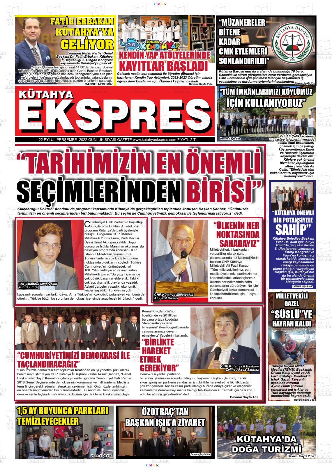 22 Eylül 2022 Kütahya Ekspres Gazete Manşeti