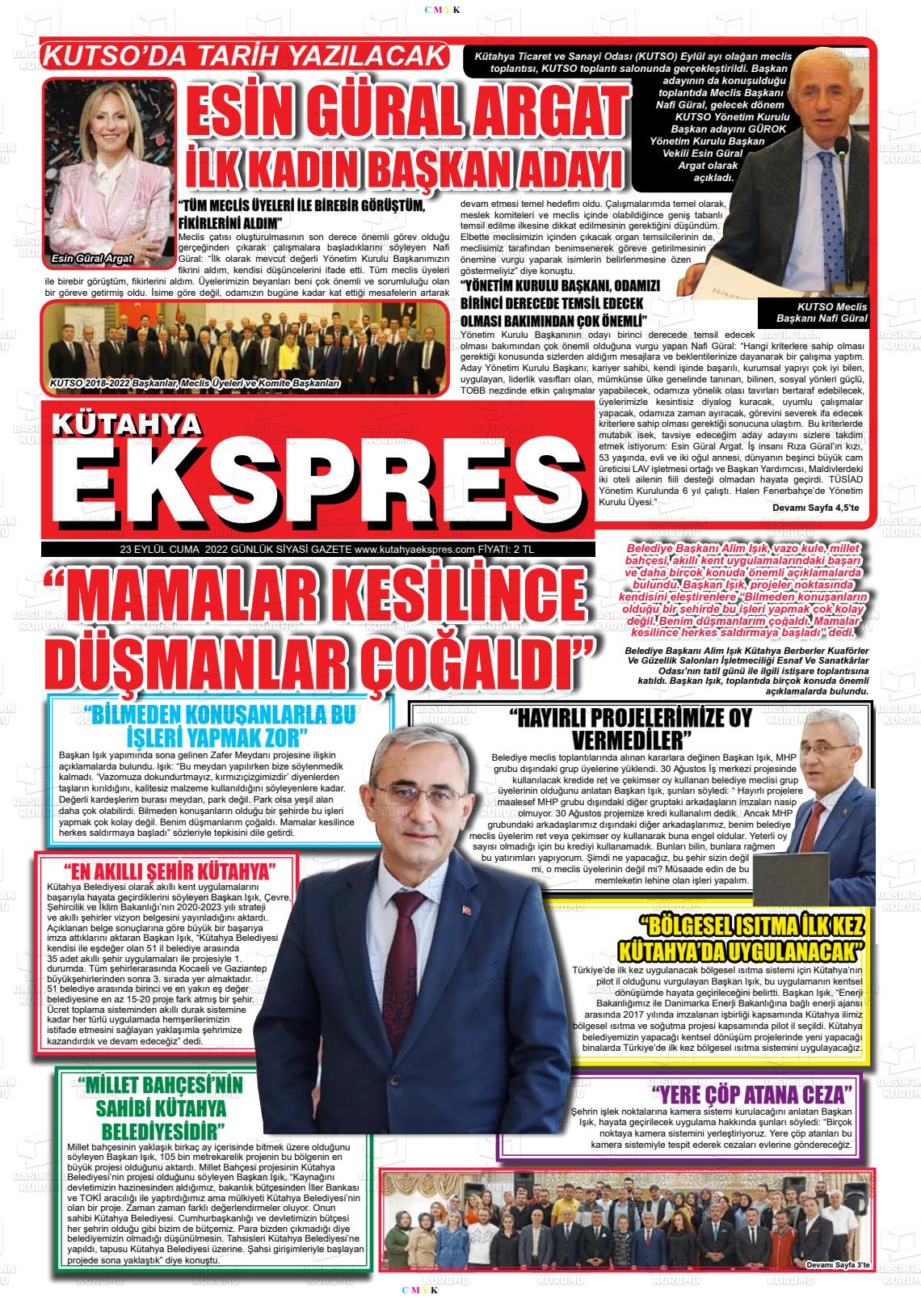 23 Eylül 2022 Kütahya Ekspres Gazete Manşeti