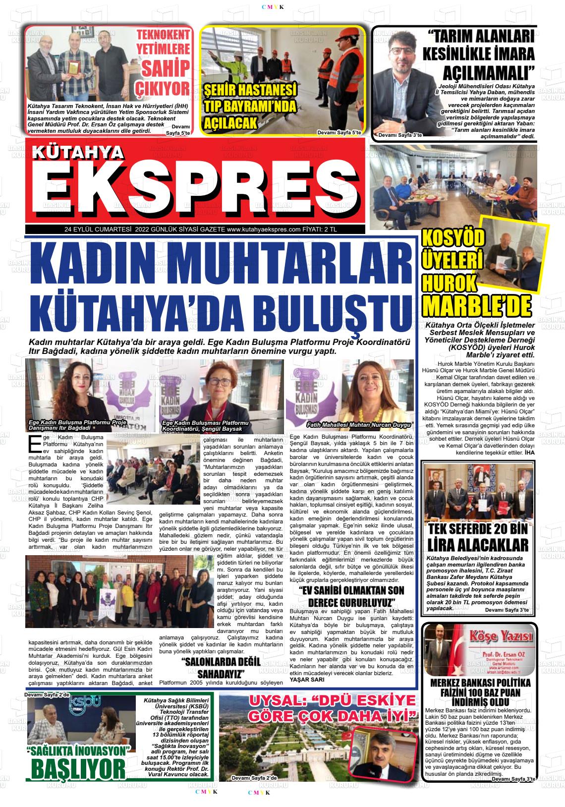 24 Eylül 2022 Kütahya Ekspres Gazete Manşeti