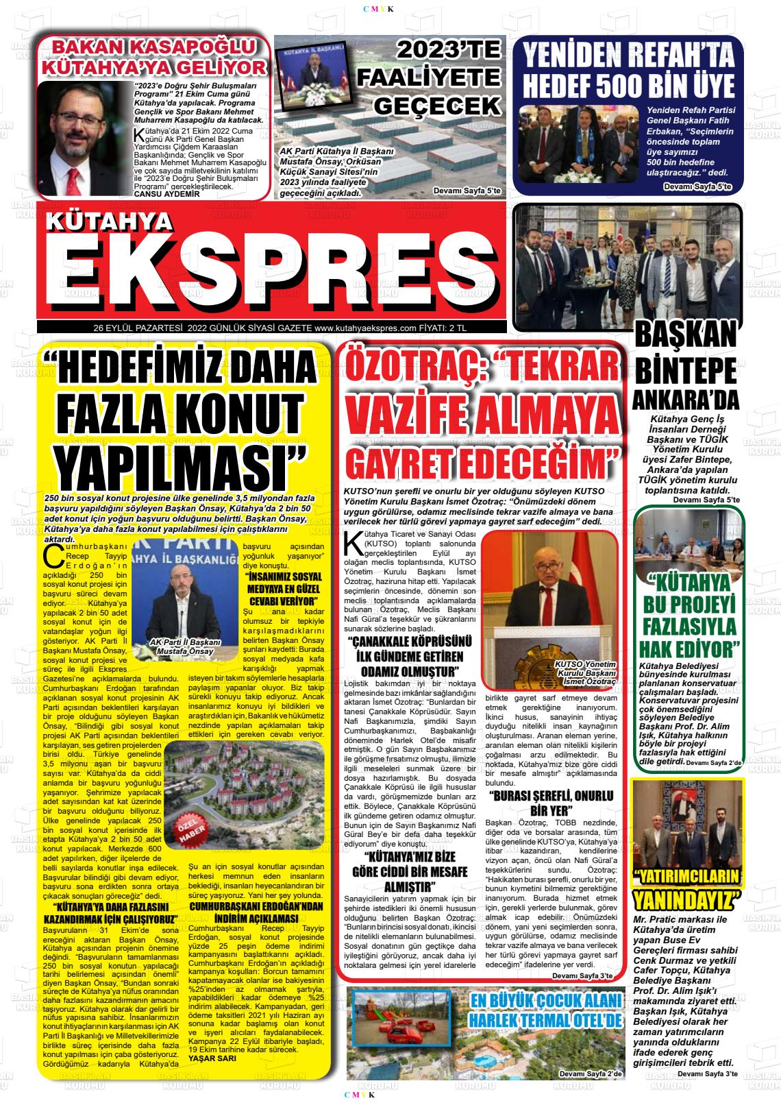 26 Eylül 2022 Kütahya Ekspres Gazete Manşeti