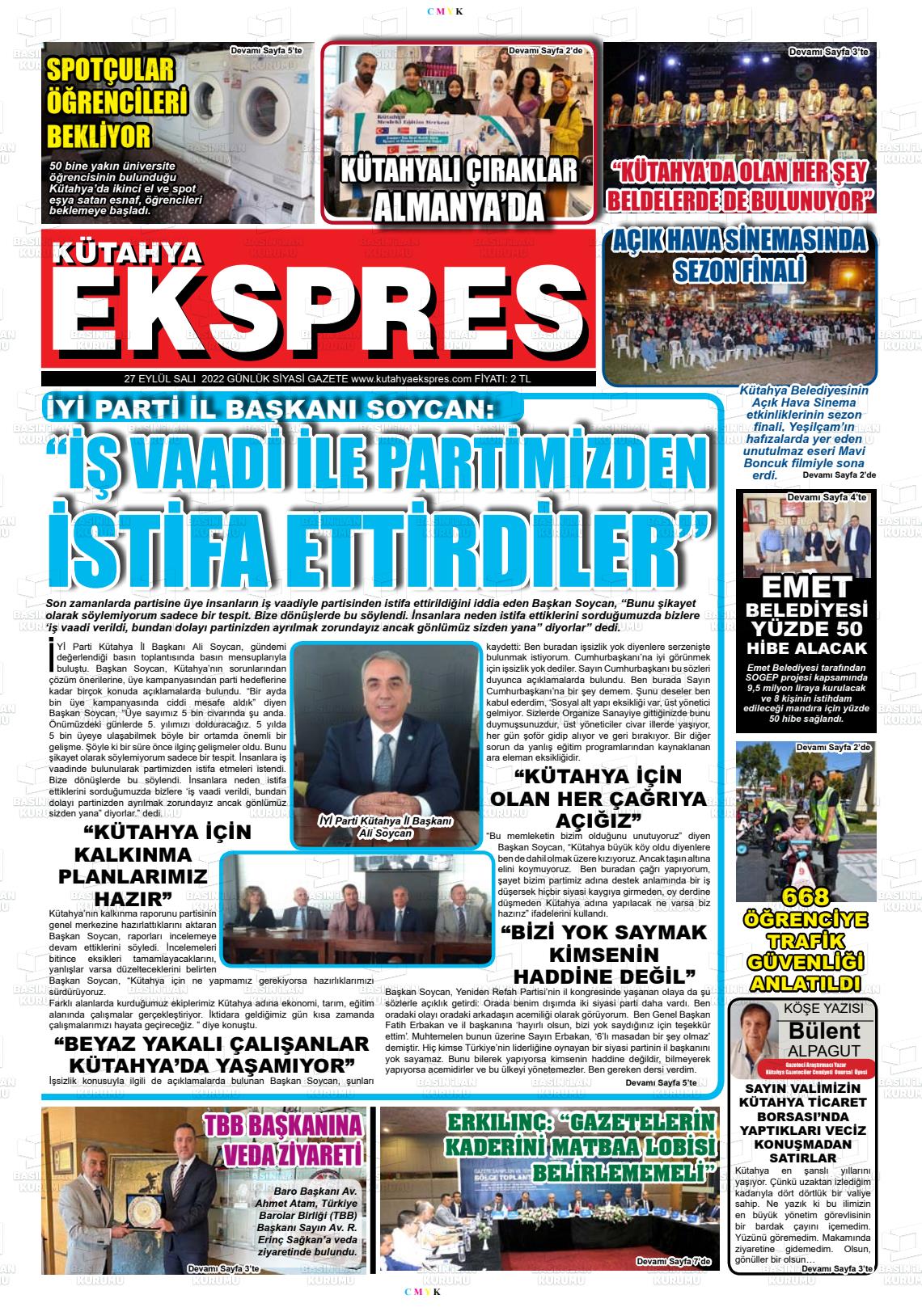 27 Eylül 2022 Kütahya Ekspres Gazete Manşeti