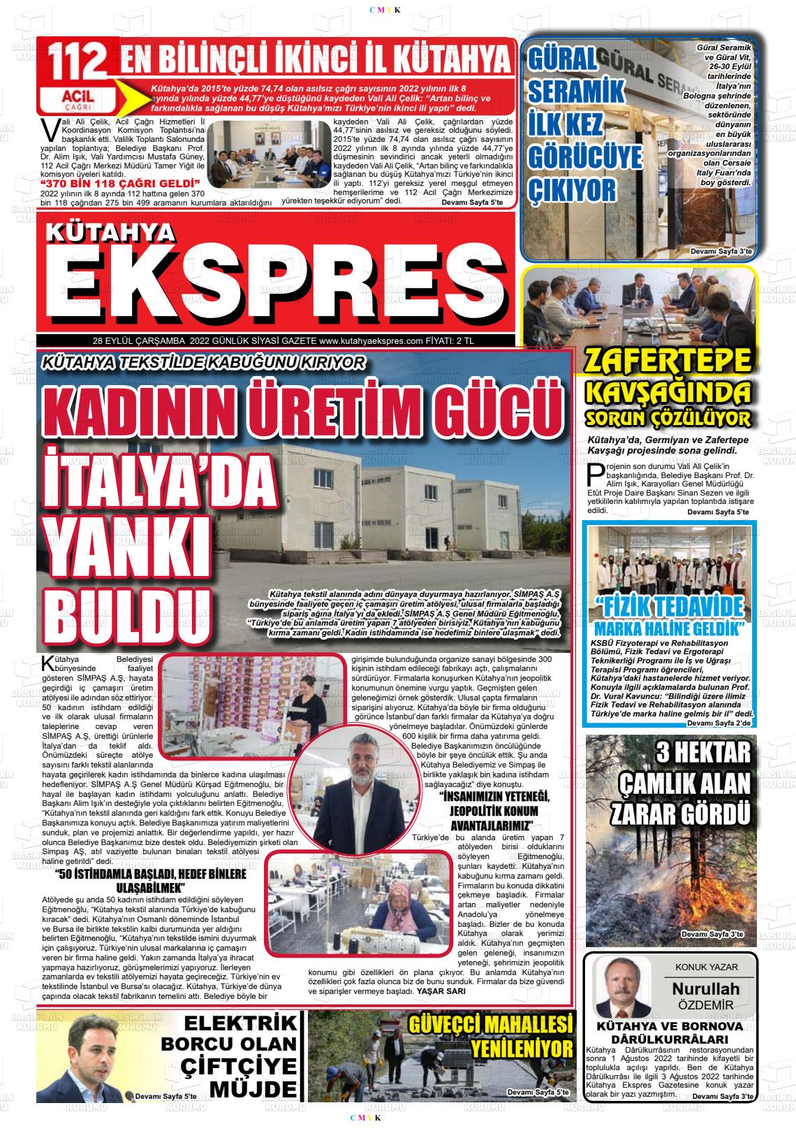 28 Eylül 2022 Kütahya Ekspres Gazete Manşeti
