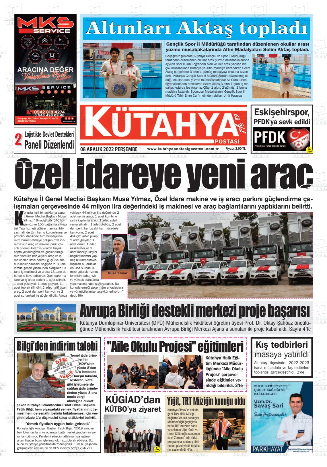 08 Aralık 2022 Kütahya Postası Gazete Manşeti