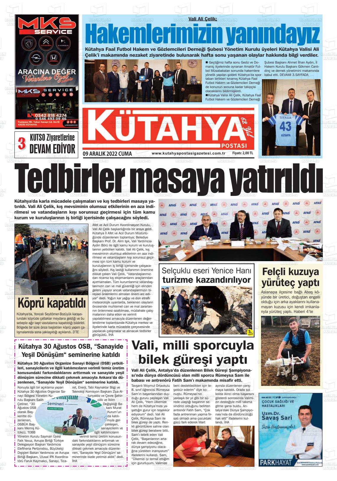 09 Aralık 2022 Kütahya Postası Gazete Manşeti