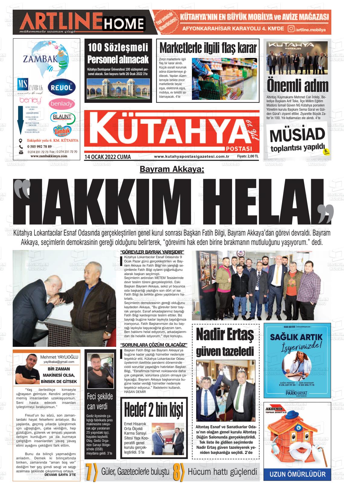 14 Ocak 2022 Kütahya Postası Gazete Manşeti