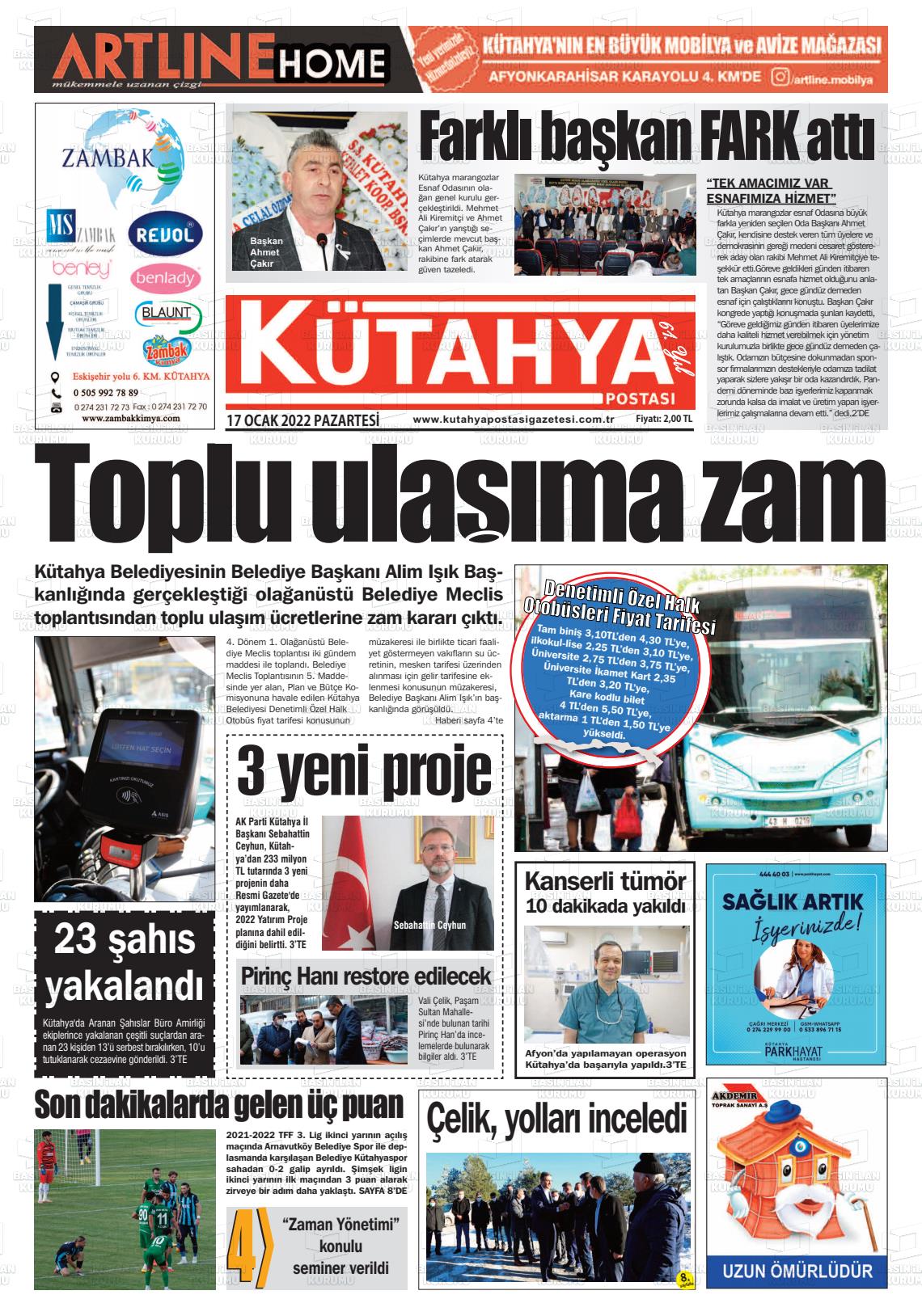 17 Ocak 2022 Kütahya Postası Gazete Manşeti