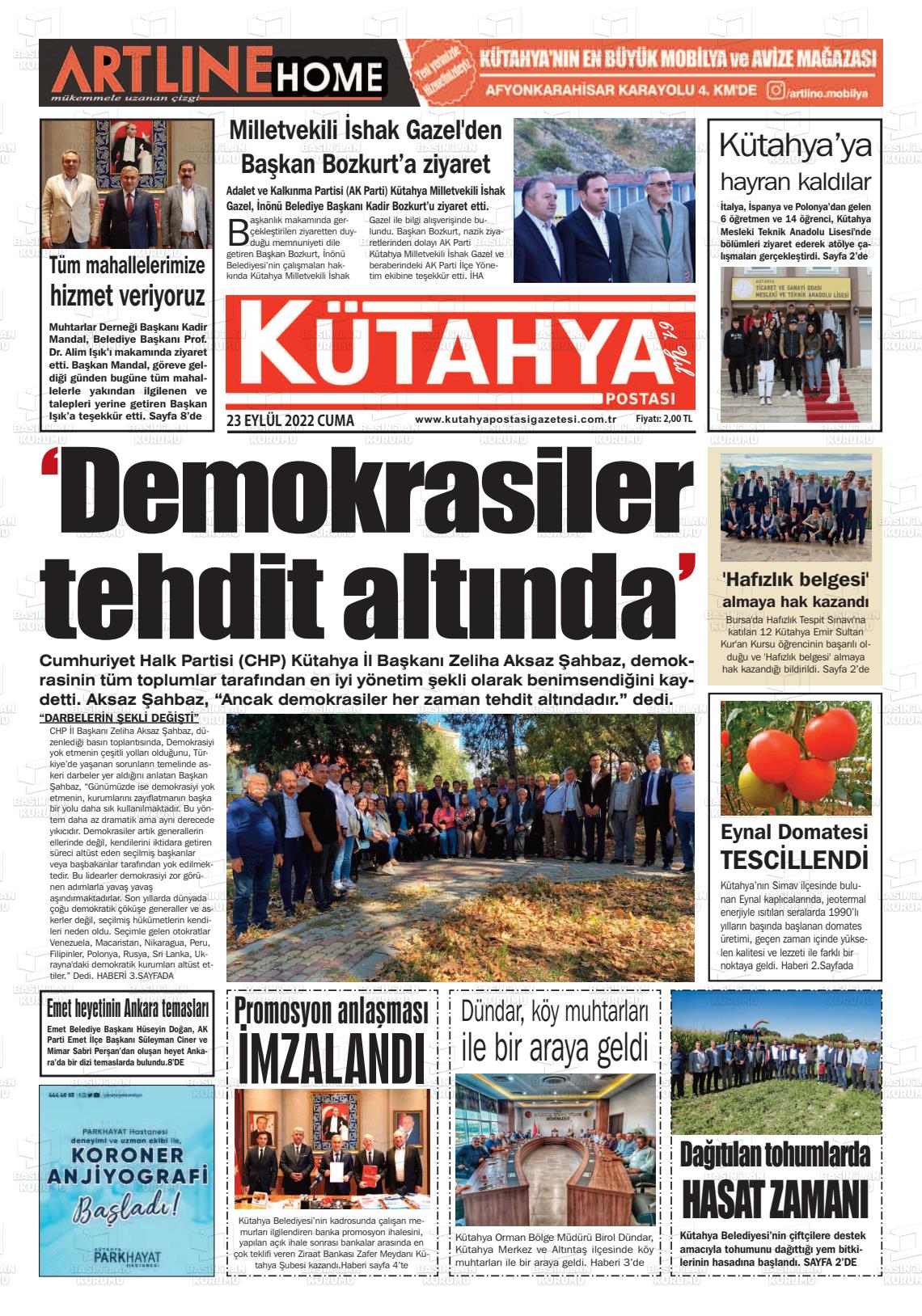 23 Eylül 2022 Kütahya Postası Gazete Manşeti