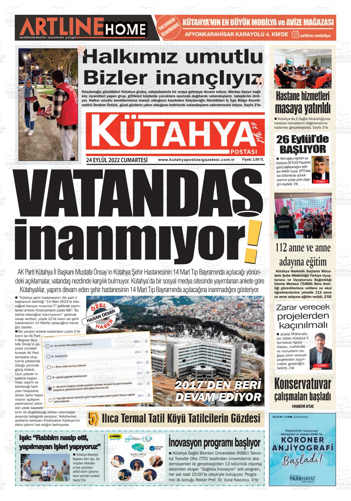 24 Eylül 2022 Kütahya Postası Gazete Manşeti