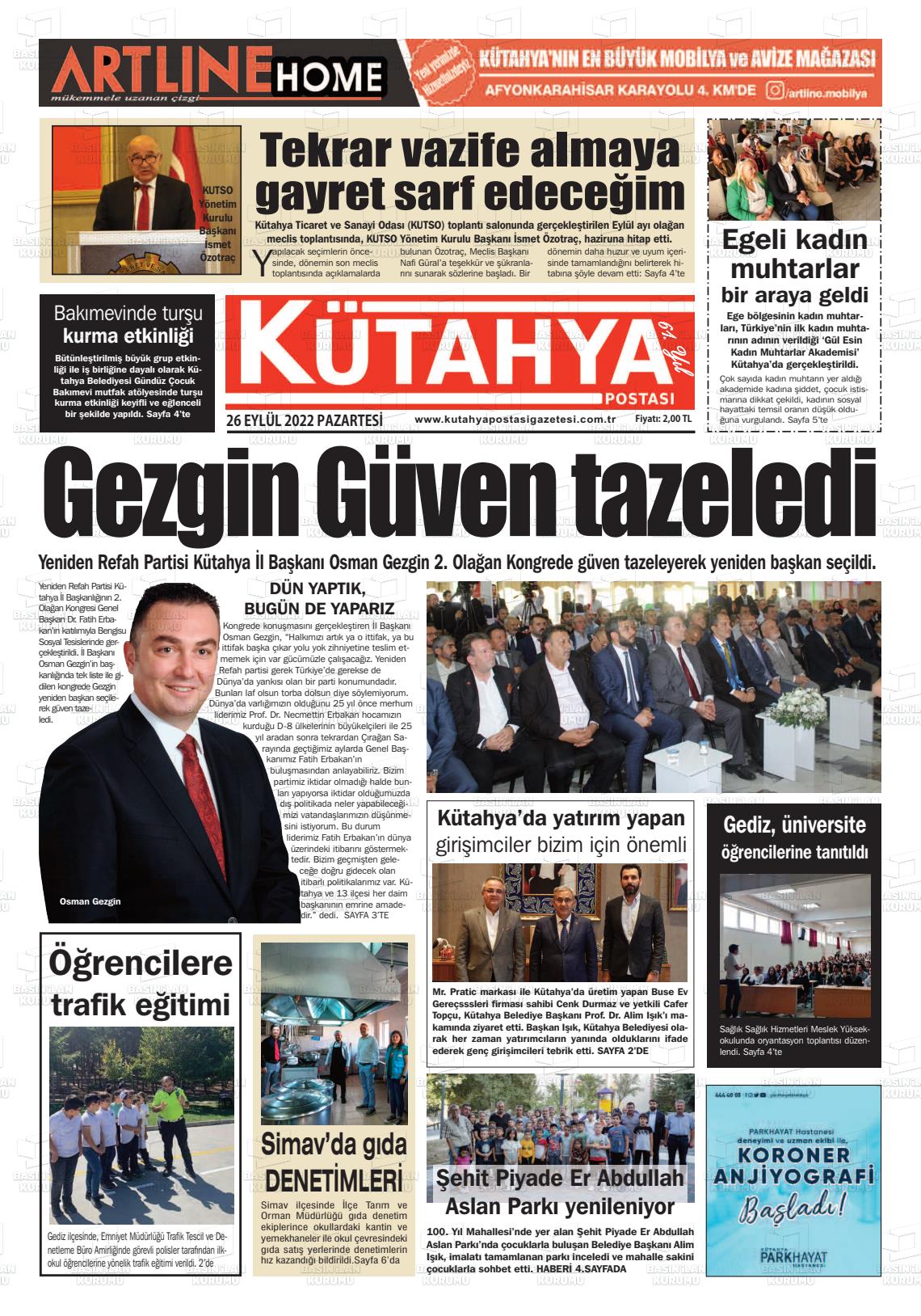 26 Eylül 2022 Kütahya Postası Gazete Manşeti