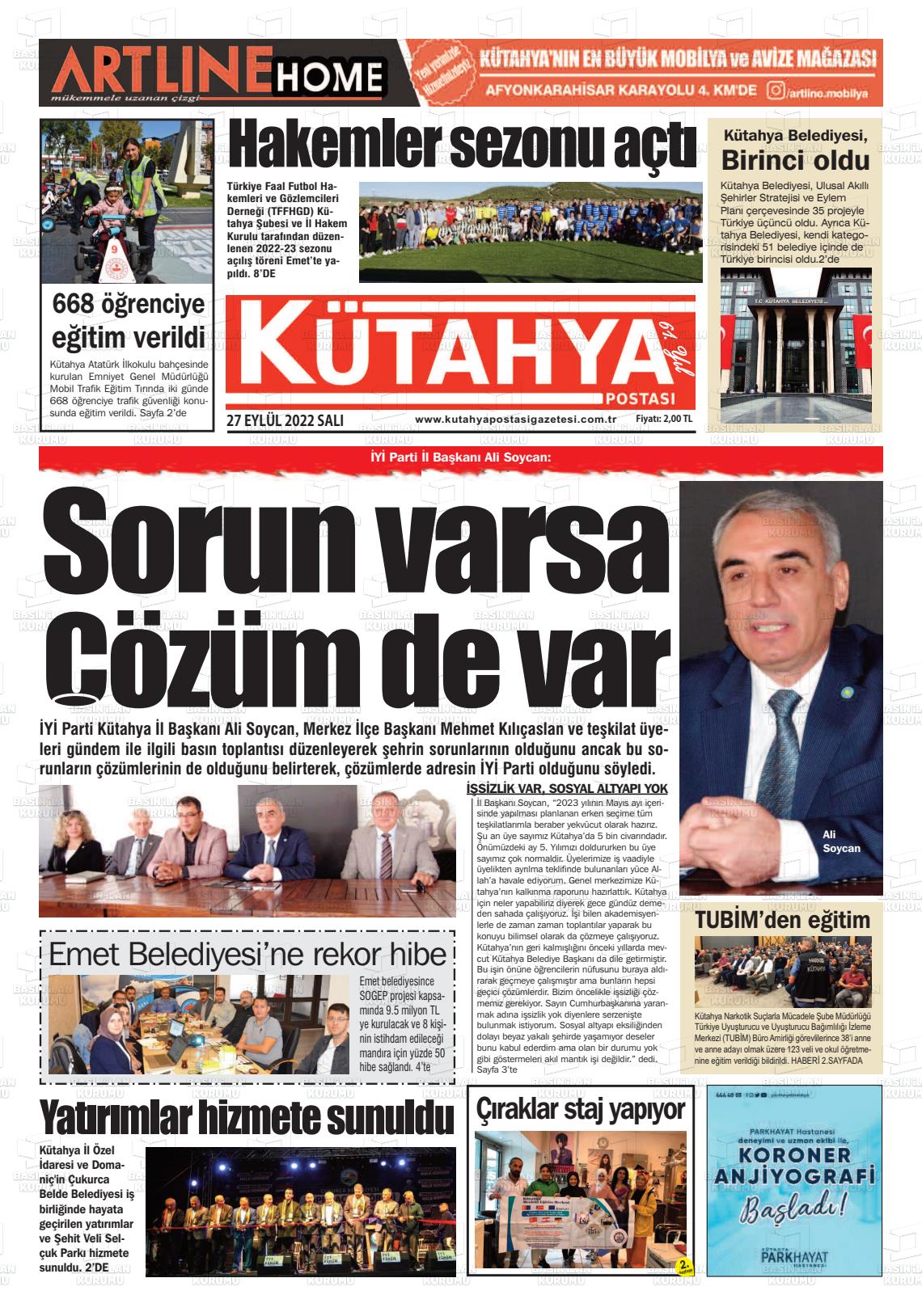 27 Eylül 2022 Kütahya Postası Gazete Manşeti