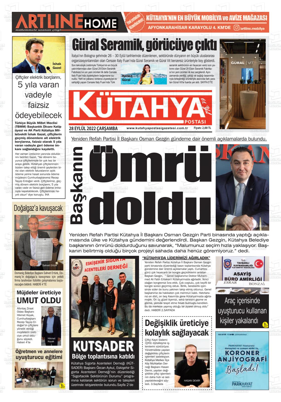 28 Eylül 2022 Kütahya Postası Gazete Manşeti