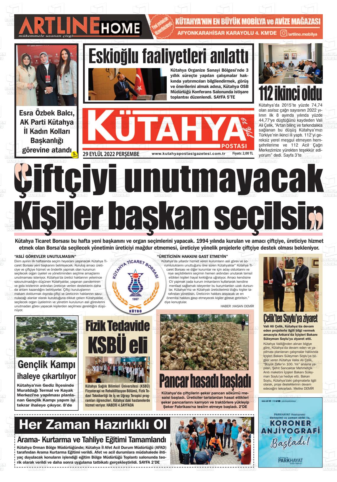 29 Eylül 2022 Kütahya Postası Gazete Manşeti