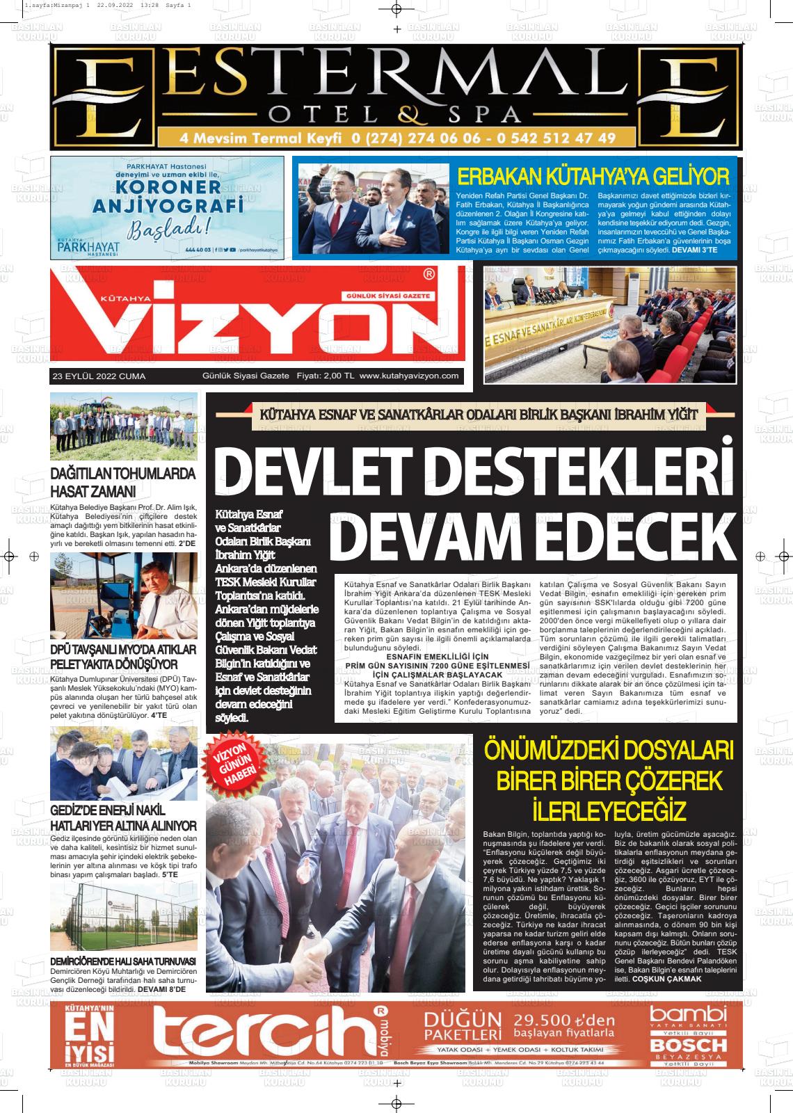 23 Eylül 2022 Kütahya Vizyon Gazete Manşeti